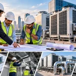 Engineer reviewing chiller plant drawings with a facility manager in a commercial building plant room
