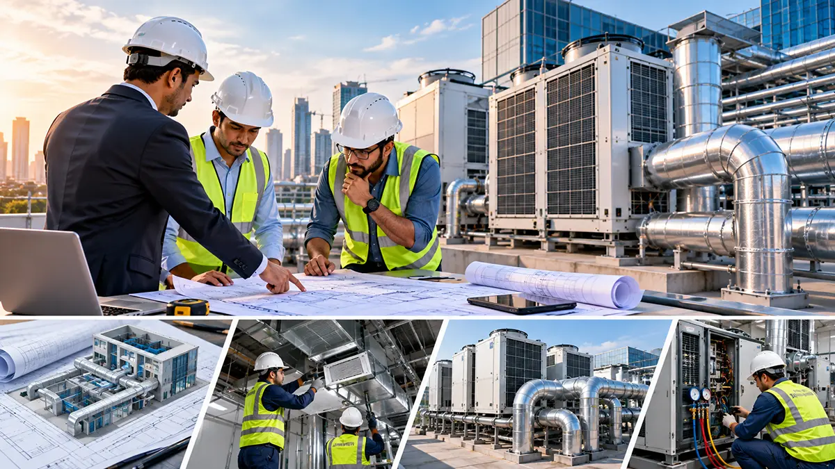 Engineer reviewing chiller plant drawings with a facility manager in a commercial building plant room